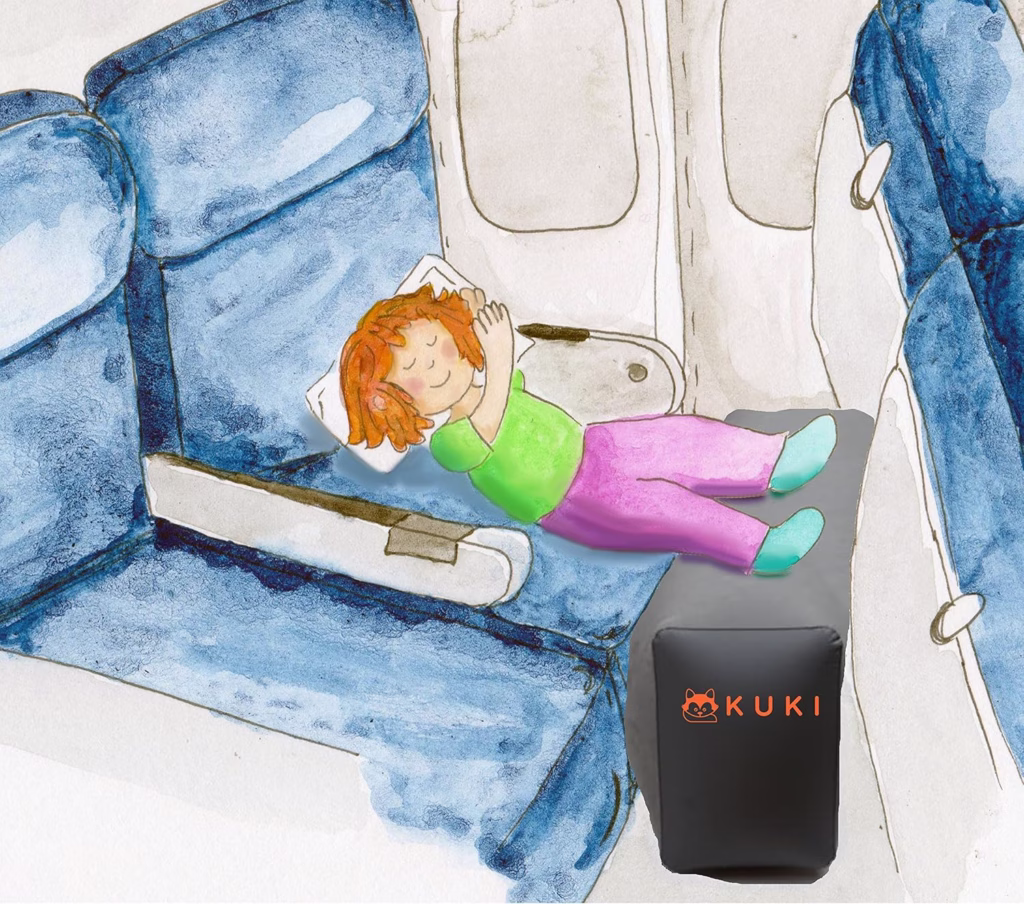 Inflatable pillows in an aircraft showing a child sleeping using the pillow